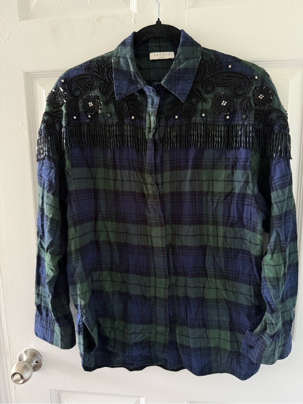 Sandro Dark Green and Navy Plaid Lined Jacket